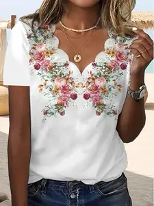【Plus Size】 Floral Print V Neck Tee, Plus Elegant Casual Short Sleeve T-shirt for Summer, Women's Plus Clothing for Daily Wear, Top, Womenswear, Style