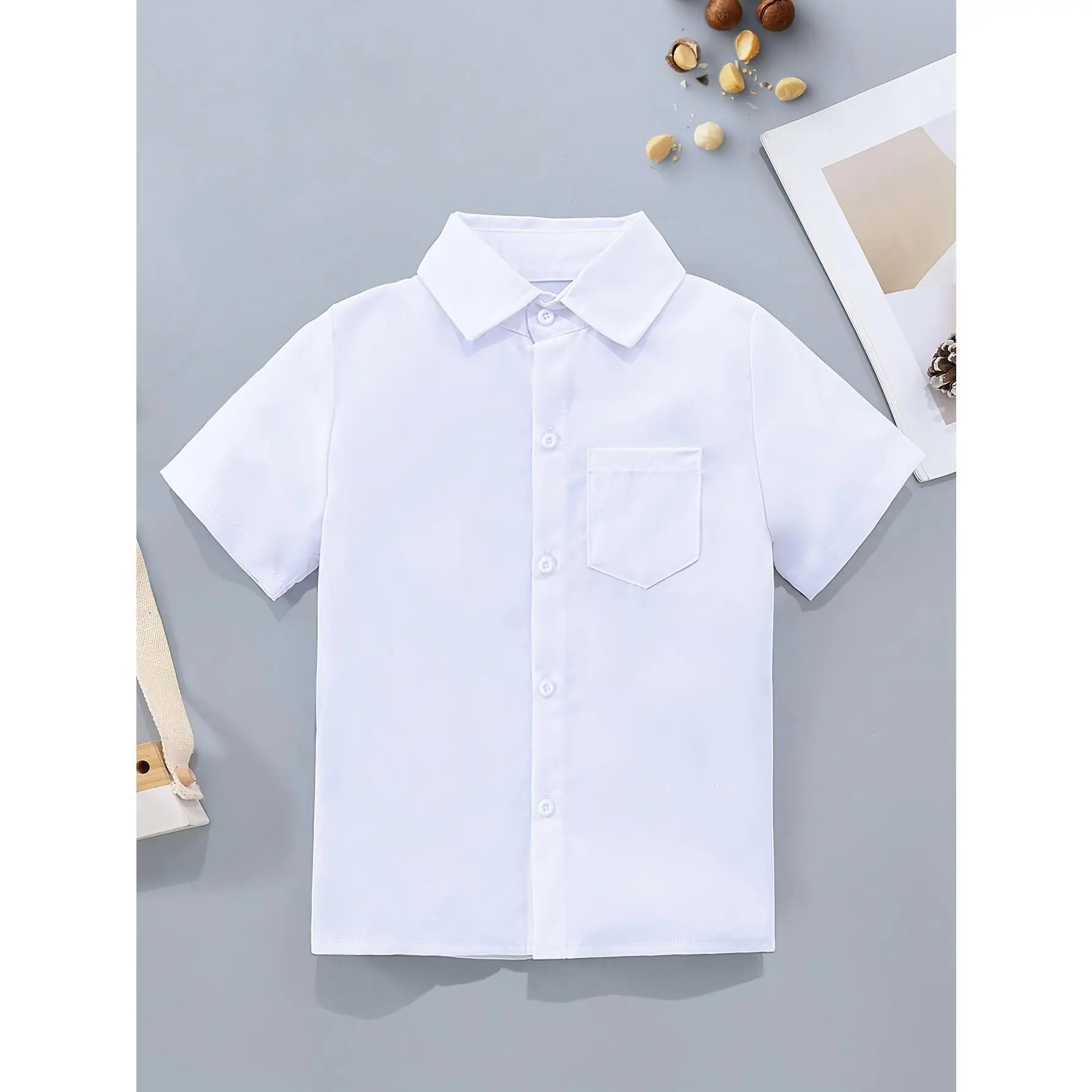 Back-to-school Season Classic Minimalist Academic Style Pure White Patch Pocket Short-sleeved Shirt Suitable for School, Banquets, Performances, Outings, and Vacation Activities