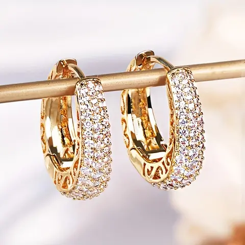 Full Sparkling Zirconia Inlaid Golden Hoop Earrings Exquisite Women Earrings Retro Elegant Style Wedding Engagement Jewelry Female Gift