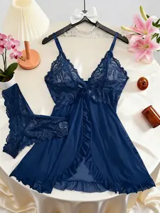 1 Set Ladies' Sexy Adjustable Spaghetti Strap Ruffle Trim Cami Nightdress & Bow Decor Panty Set, Comfortable Playful Floral Lace See Through Sleepwear Set，Backless Split Thigh Nightdress，Soft Romantic Solid  Nightgown，Perfect Valentine's Day Gift for Her