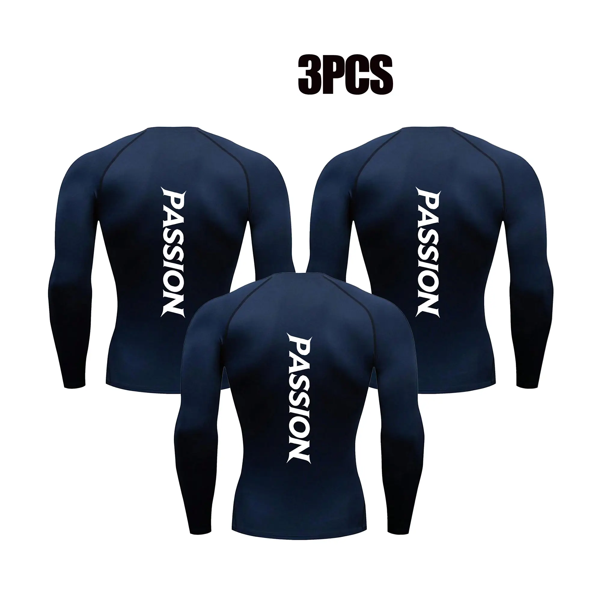 Men's 3-Pack Compression Shirts, Fitted Long Sleeve Moisture-Wicking Base Layer, Polyester Tops with Back Graphic for Gym & Running