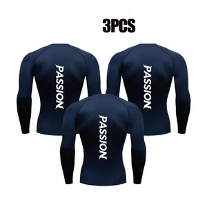Men's 3-Pack Compression Shirts, Fitted Long Sleeve Moisture-Wicking Base Layer, Polyester Tops with Back Graphic for Gym & Running