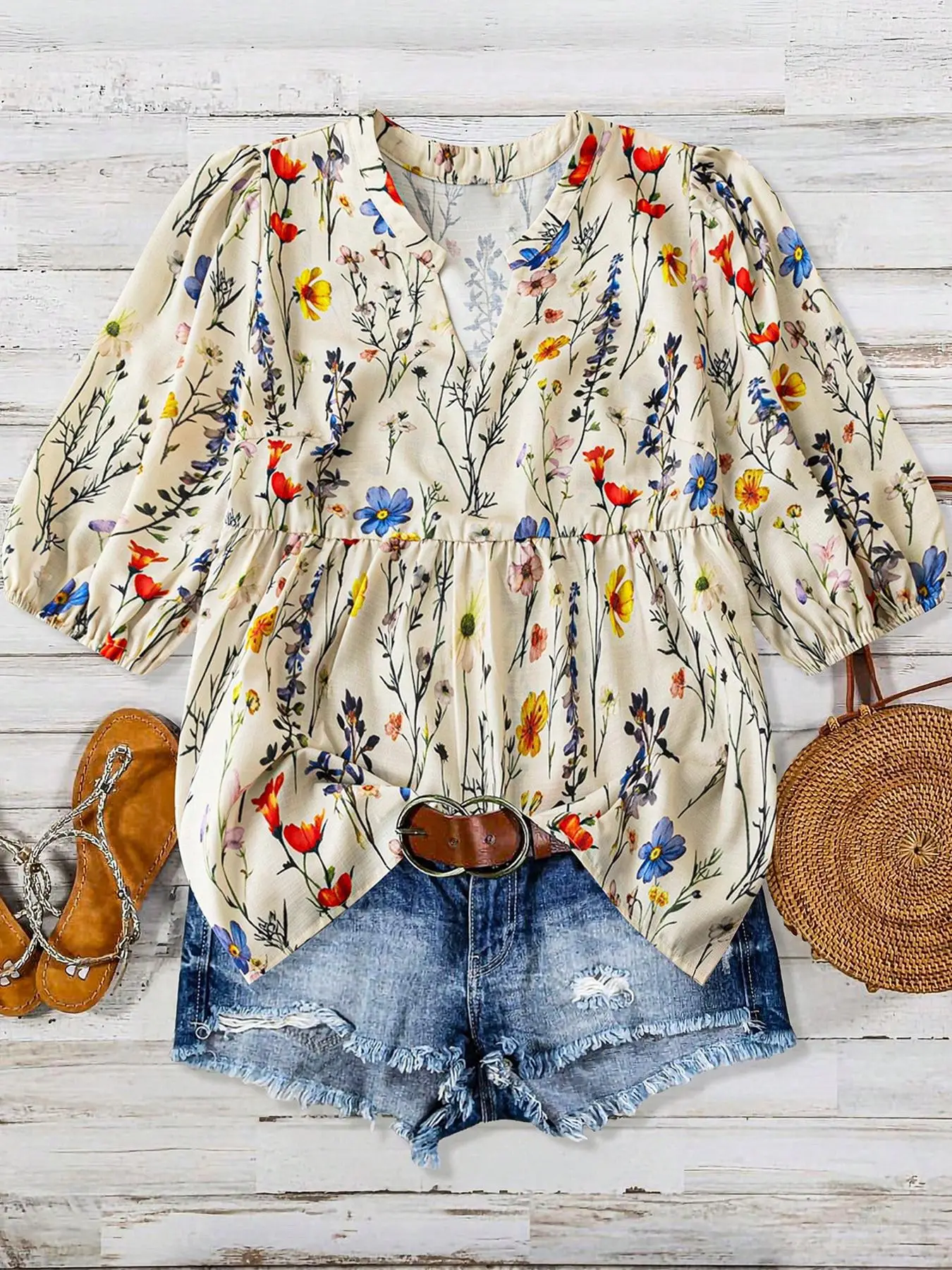 【Plus Size】 Floral Print Notched Neck Blouse, Casual Bishop Sleeve Top for Summer, Women's Clothes for Daily Wear