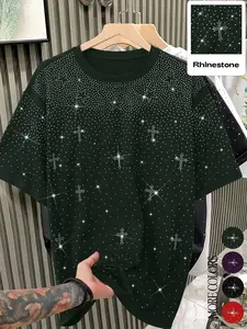 Unisex design featuring a water-crystal-embellished cross-shaped pattern on a T-shirt. A stylish, glam-inspired top that shines with modern design, perfect for showcasing refined and trendy fashion sense, suitable for everyday wear in school or at work,