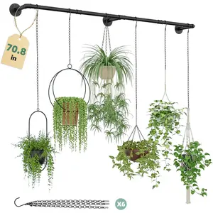 Plant Hanger Indoor with 6 Hanging Chains Hanging Planters for Indoor Plants Hanging Plant Holder Window Plants Rod Black Metal Shelves(70.8 Inch Pot not Included