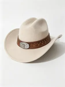 Classic Western Cowboy Hat for Women, Fine Felt Bull Head Metal Badge Cross Stitch Rivet Leather Strap, Men's Outdoor Camping Daily Commute