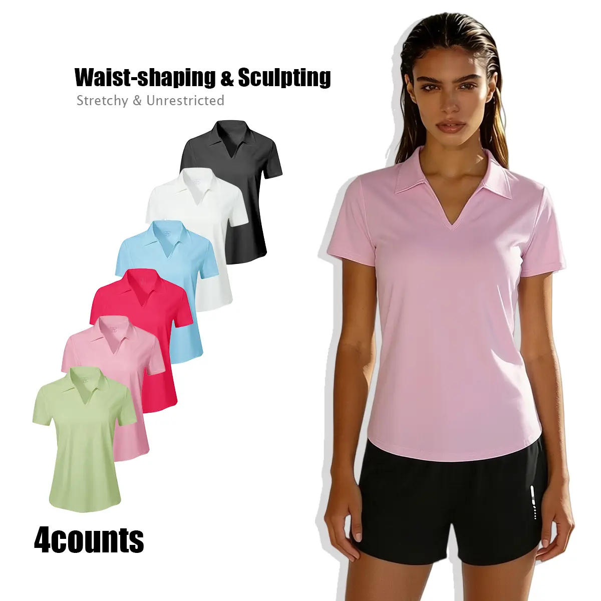 Women's Solid Color Breathable Athletic Top - Short-Sleeve Collared Golfing Shirt, Breatheable Women's Sports Polo for Golf, Tennis, All-Season Sportswear, Athletic Tops