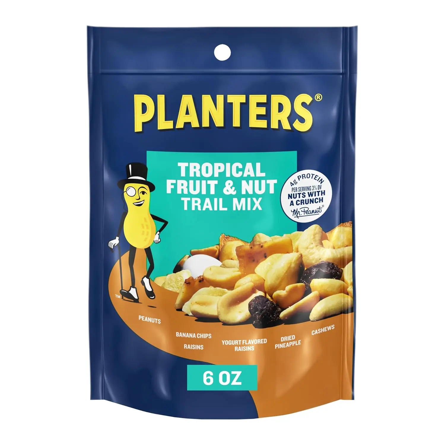 PLANTERS Sweet Tropical Fruit & Nut Trail Mix Snack Packs - 6 oz Resealable Bags (Pack of 12) with Peanuts, Banana Chips, Yogurt Raisins, Dried Pineapple, Cashews