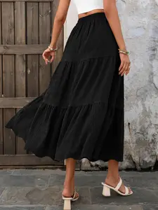 Textured Layered A-Line Skirt, Elastic Waist Flowy Long Dress, Casual Lazy Style, Essential Women's Fashion