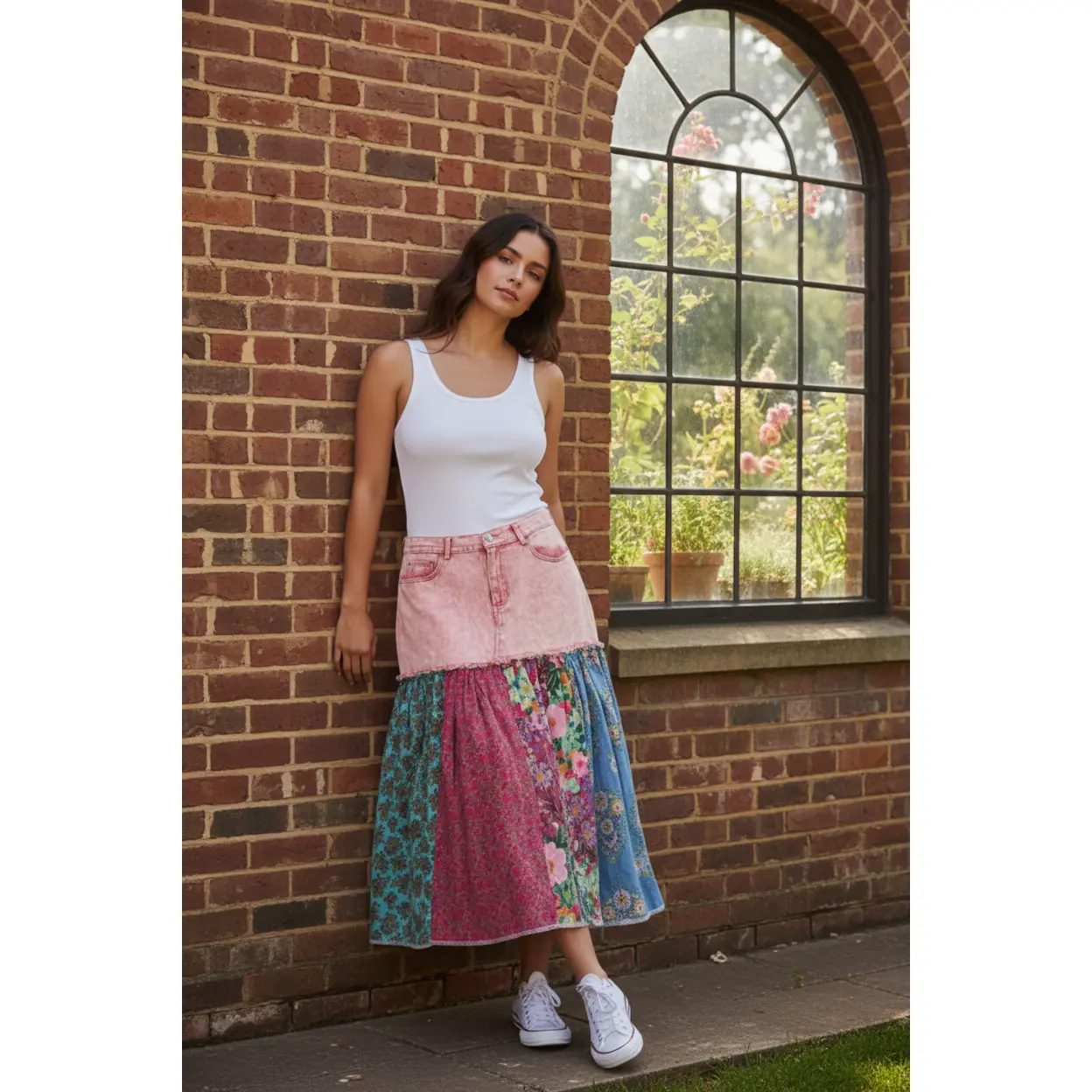 Medium - Upcycled Faded Pink Denim Boho Patchwork Skirt – Pinks Blues Teals