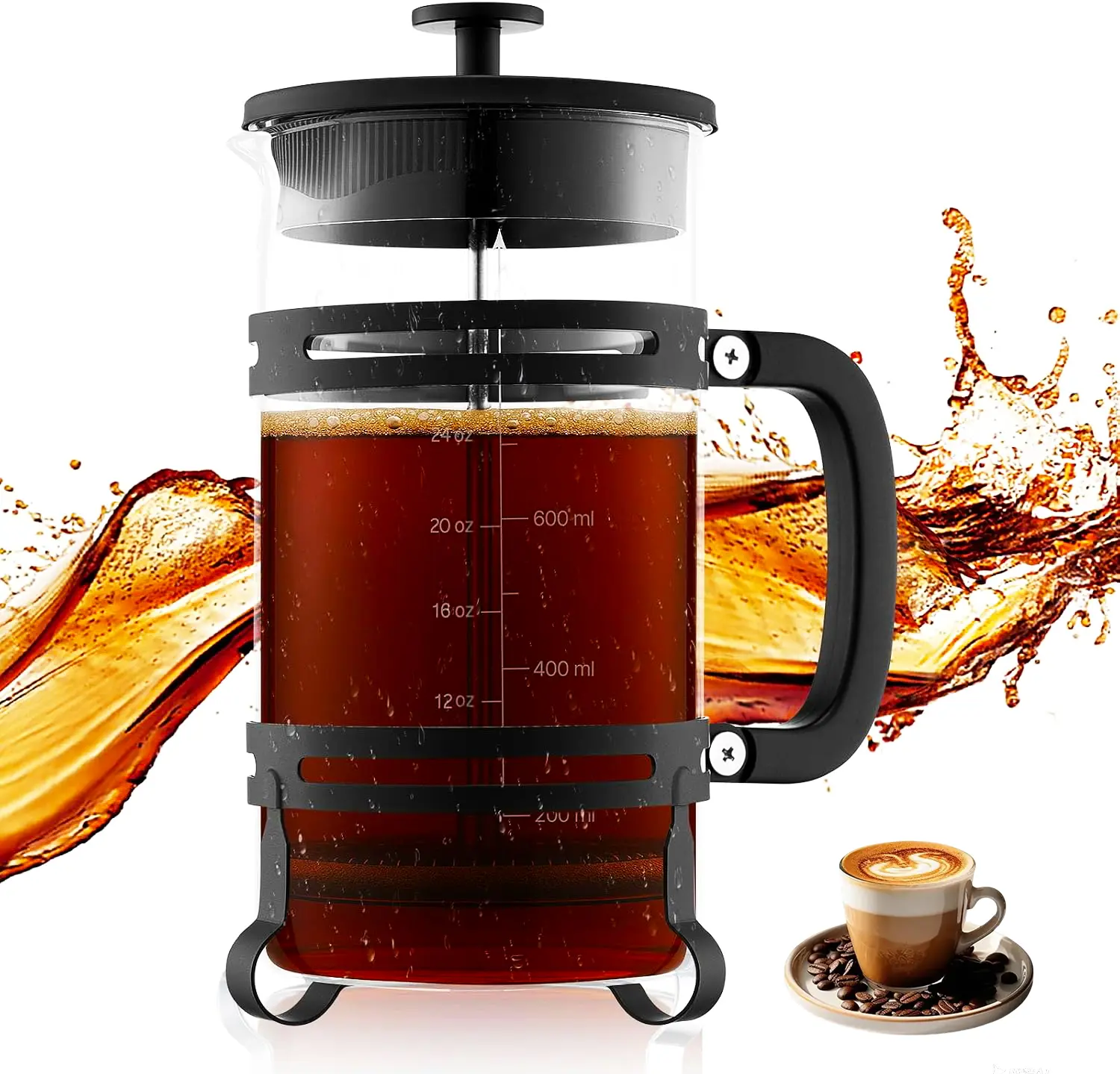 VEVOR 34oz 1L Borosilicate Glass French Press Coffee Maker, Stainless Steel Filter, Detachable Parts, Cold Brew Tea Maker for Home/Camping, Black