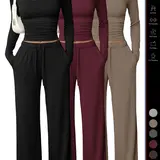 【Black Friday】2026 Women's 2 Piece Matching Loungewear Set, Casual Loungewear Sleepwear, Square Neck Long Sleeve Fitted Crop Top, High Waisted Wide Leg Drawstring Pants