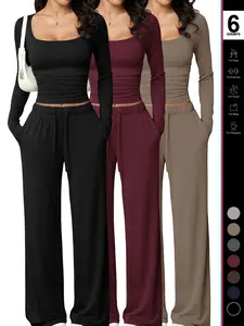 2026 Women's 2 Piece Matching Lounge Set, Square Neck Long Sleeve Crop Top, High Waisted Wide Leg Drawstring Pants, Casual Sweatsuit