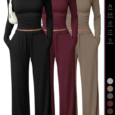 【Black Friday】2026 Women's 2 Piece Matching Loungewear Set, Casual Loungewear Sleepwear, Square Neck Long Sleeve Fitted Crop Top, High Waisted Wide Leg Drawstring Pants