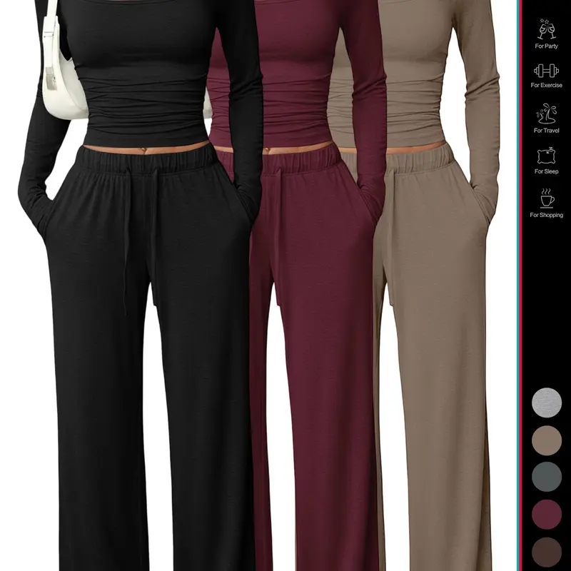 【Black Friday】2026 Women's 2 Piece Matching Loungewear Set, Casual Loungewear Sleepwear, Square Neck Long Sleeve Fitted Crop Top, High Waisted Wide Leg Drawstring Pants