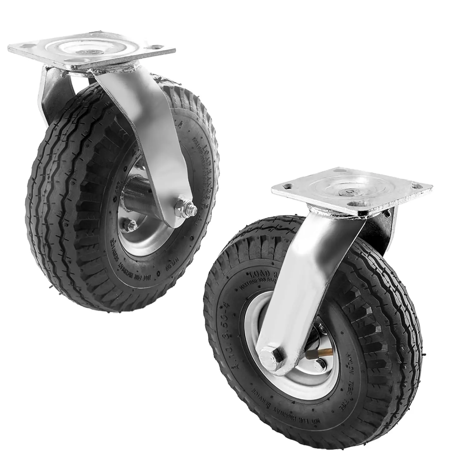 (2 Pack)  10 Inch Caster Wheels, Pneumatic Swivel Caster Wheels with Zinc Top Plate 360  Rotation for Cart, , Trolley, Workbench and Wagon, Black Rubber Wheels, 600 Lbs Total Capacity