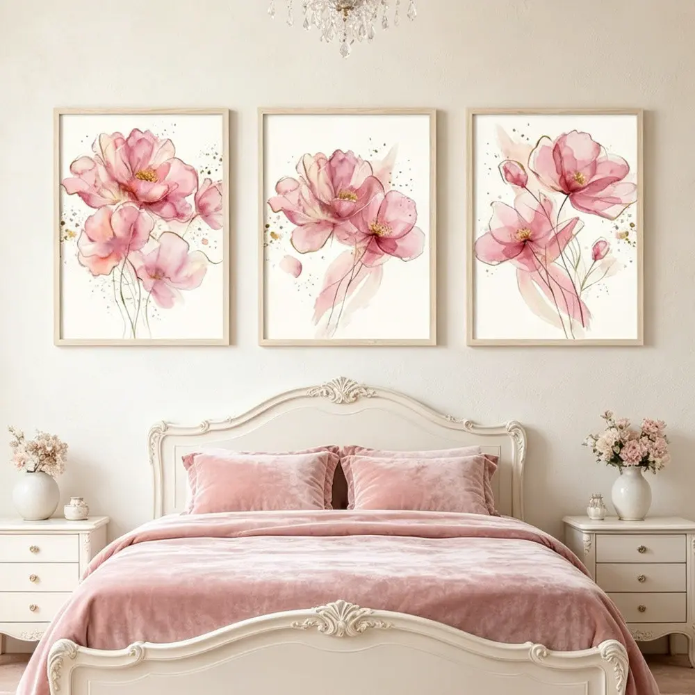 3 Pieces Nordic Watercolor Pink Flower Print Design Cartoon Floral Art, Decorative Artwork, Wall Mural, Home Art, Gallery Decor, Painting, Wall Decor for Bedroom, Kids Room and Study, Framed or Unframed