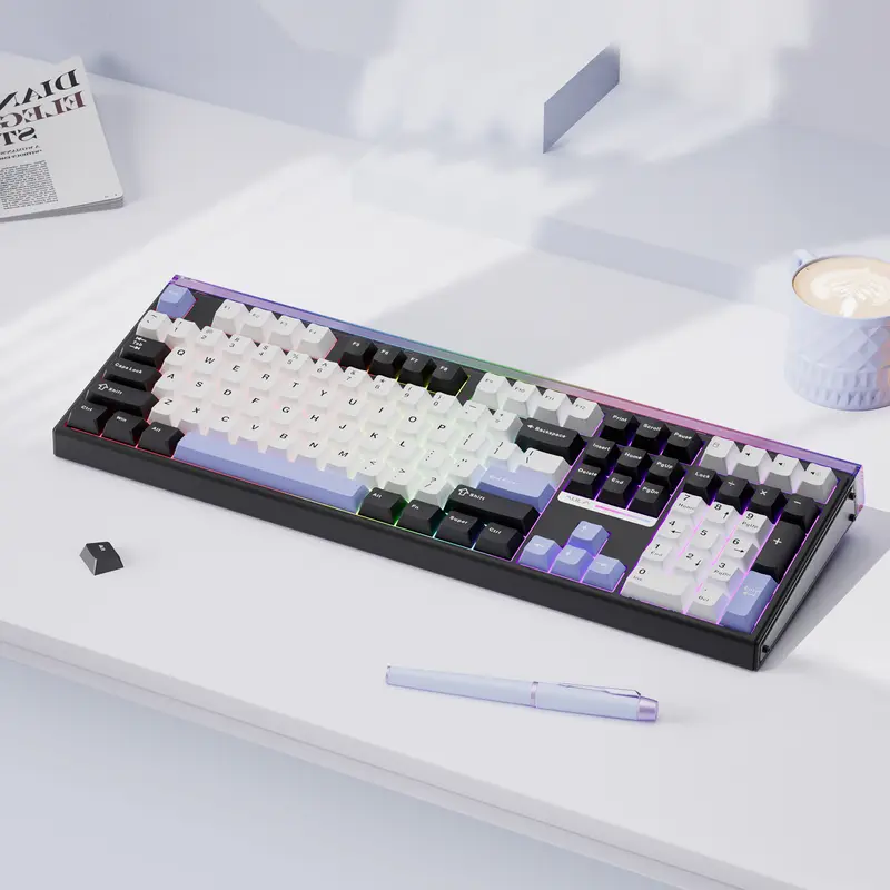 AULA H108 Full Size Silent Colorful Mechanical Keyboard - Tri-Mode Bluetooth 2.4G, Silent Feather Switches, ARGB Mood Lighting, Built-In Batteries, Black/White/Purple, Desktop Keyboards for Work, PC Accessories