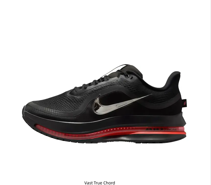 Black Mesh Running Sneakers, metallic silver side logo, bright red air cushion midsole, black outsole, lightweight breathable unisex performance athletic shoes.