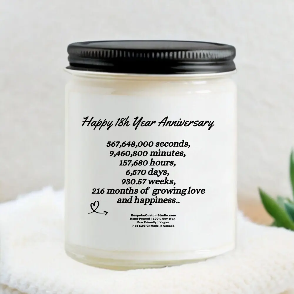 18th Anniversary Gift, 18th Wedding Anniversary, Personalised Candle Gift for Eighteenth Wedding Anniversary Gift for Wife, Husband