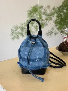 Mini Drawstring Denim Backpack for Women, Large Capacity Travel Bag, Portable Shoulder Bag for Commuting, Shopping, and Outing
