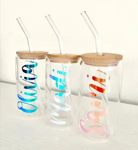 Personalized Glass Cup with Bamboo Lid & Straw | 16 oz Beer Can Glass | Custom Mason Jar | Iced Coffee Mug | Bridesmaid Gift | Tumbler