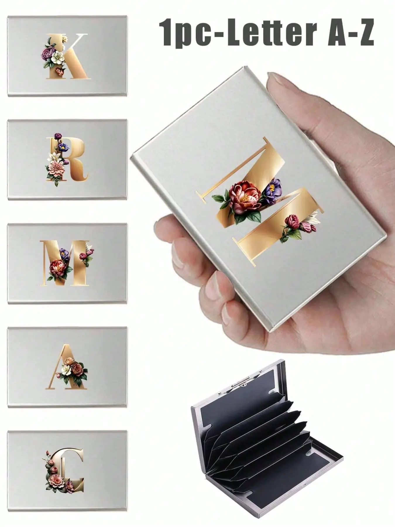 Men's RFID Blocking Wallet, Silver Color Card Holder with Flower Accents, Ultra-Thin Aluminum Money Bag, A-Z Letter Print