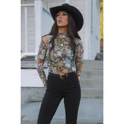 Women's Boho Floral Print Long-Sleeve Mesh Mock Neck Blouse with Twist Design - Casual Women's Top