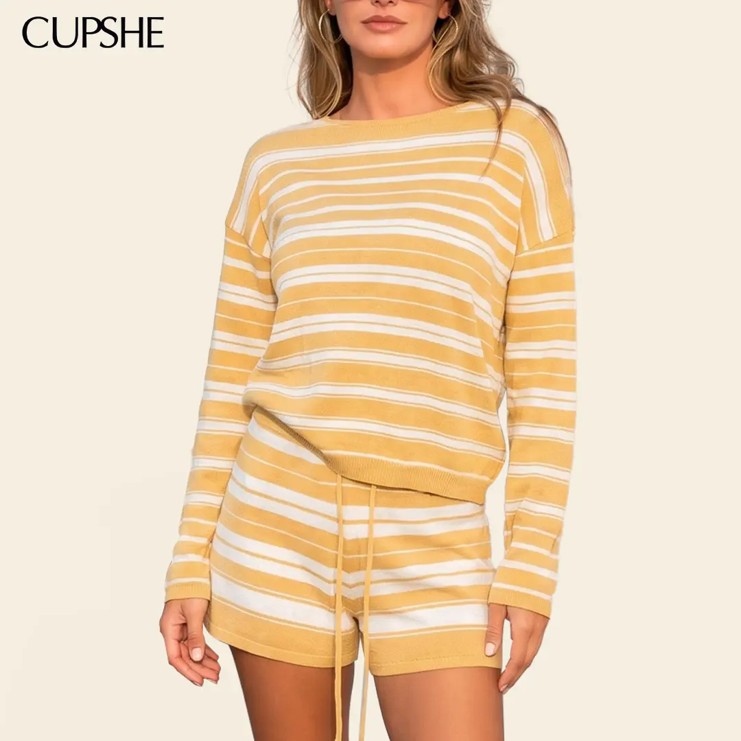CUPSHE Women's Striped Knit 2-Piece Set - Long-Sleeve Crewneck Loose-Fit Pullover Top, Drawstring Shorts, Lightweight Resort Wear for Weekend Travel Everyday Clothes#tiktokshopbacktoschool