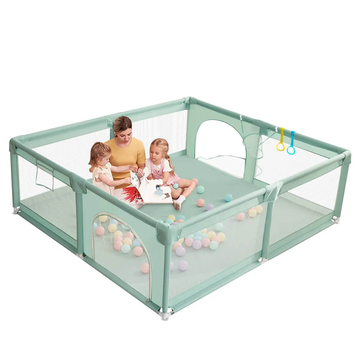 BIOBY Portable Baby Playpen, 78.7" x 78.7" x 27" Extra Large Playard, Soft Mesh Sturdy Pipe Ample Space for abies and Toddler, Safe and Non-Slip Baby Fence, Full Mesh Design, Indoor & Outdoor Kids Activity Center, Portable Travel Design, Green