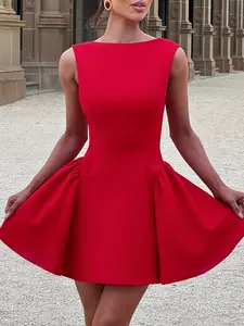 Women's Elegant Summer Dress, Pure Color Slimming Backless Sleeveless Short Dress, Casual Solid Style, Perfect for Daily Wear