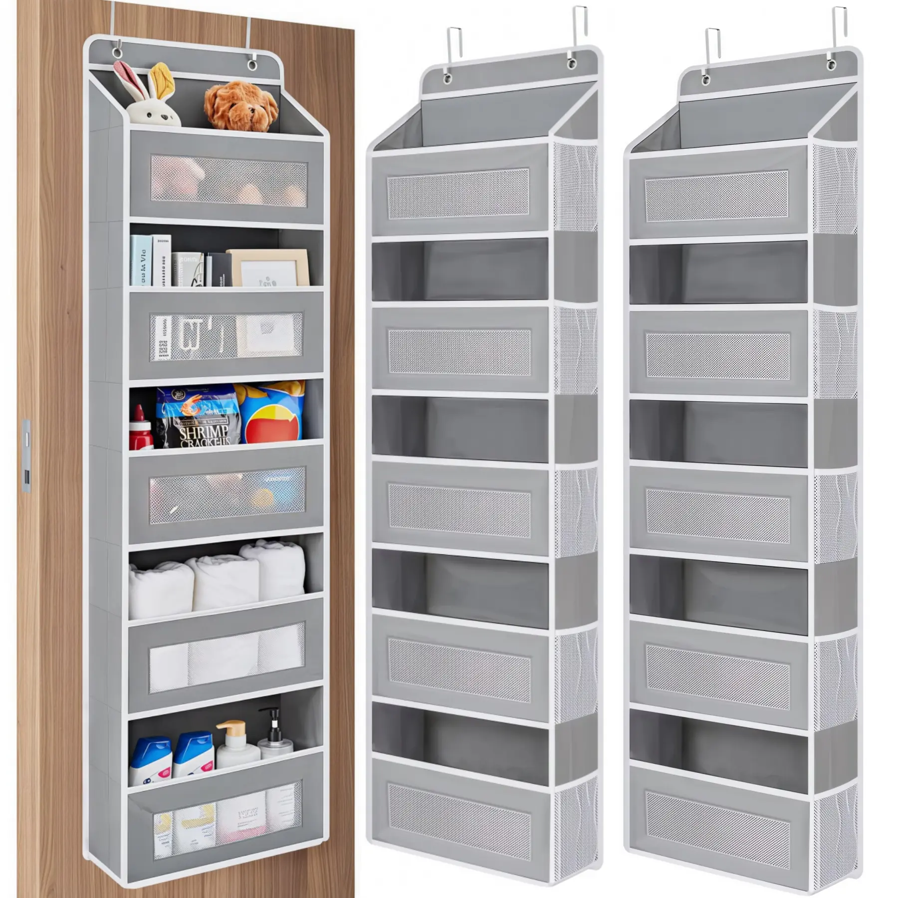 LMMAKE 2PCS Over-the-Door Storage Organizers, 5 Front Pockets & 5 Mesh Side Pockets, Extra Large Hanging Caddy for Bedrooms, Bathrooms & Pantries, Grey