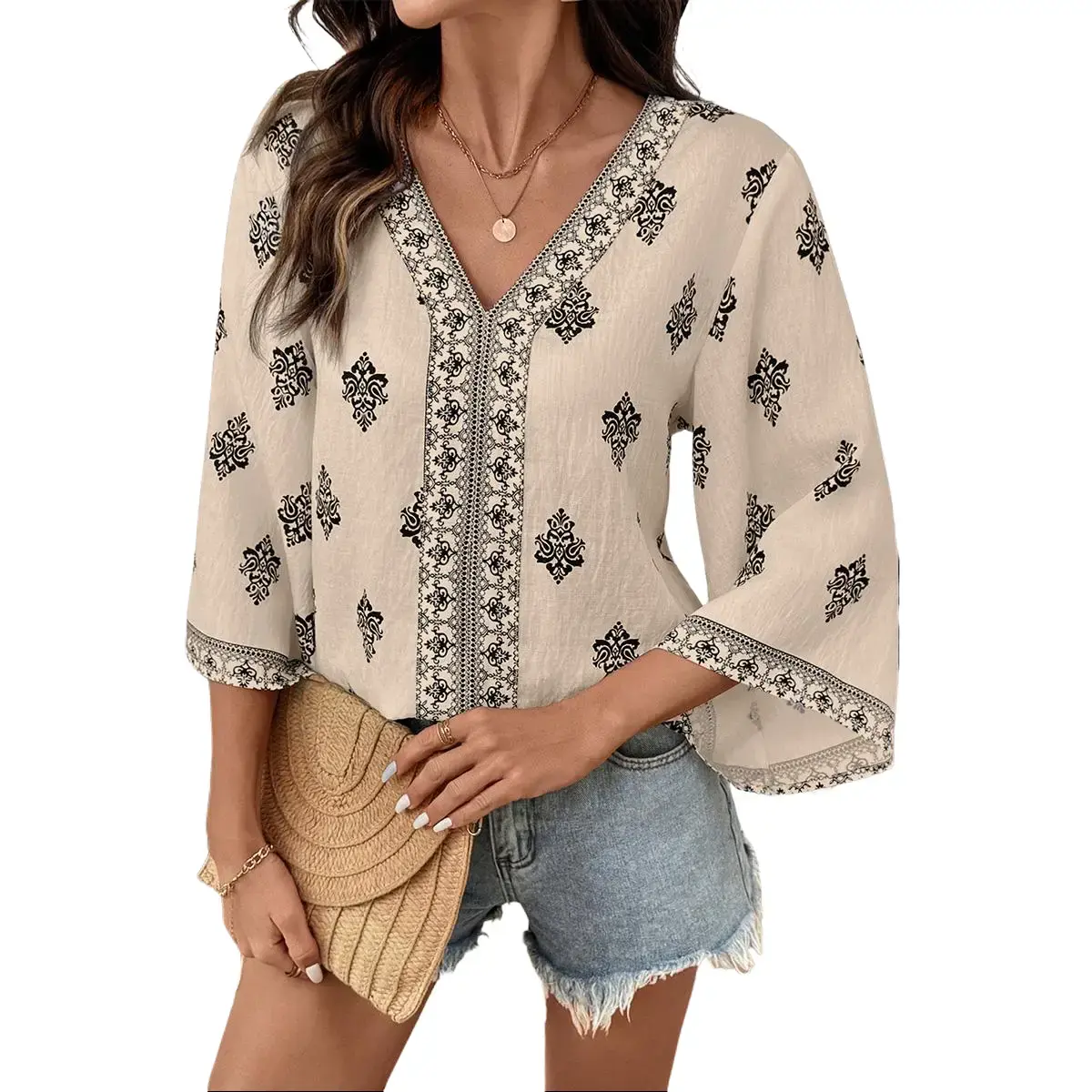 Shewin Women's Blouse V Neck Paisley Border Print Loose Fit Flare 3/4 Sleeve Viscose Fabric for everyday casual DealsForYouDays,summerwins,summeroutfits,vacationoutfits,beachoutfits Womenswear Vneck Polyamide