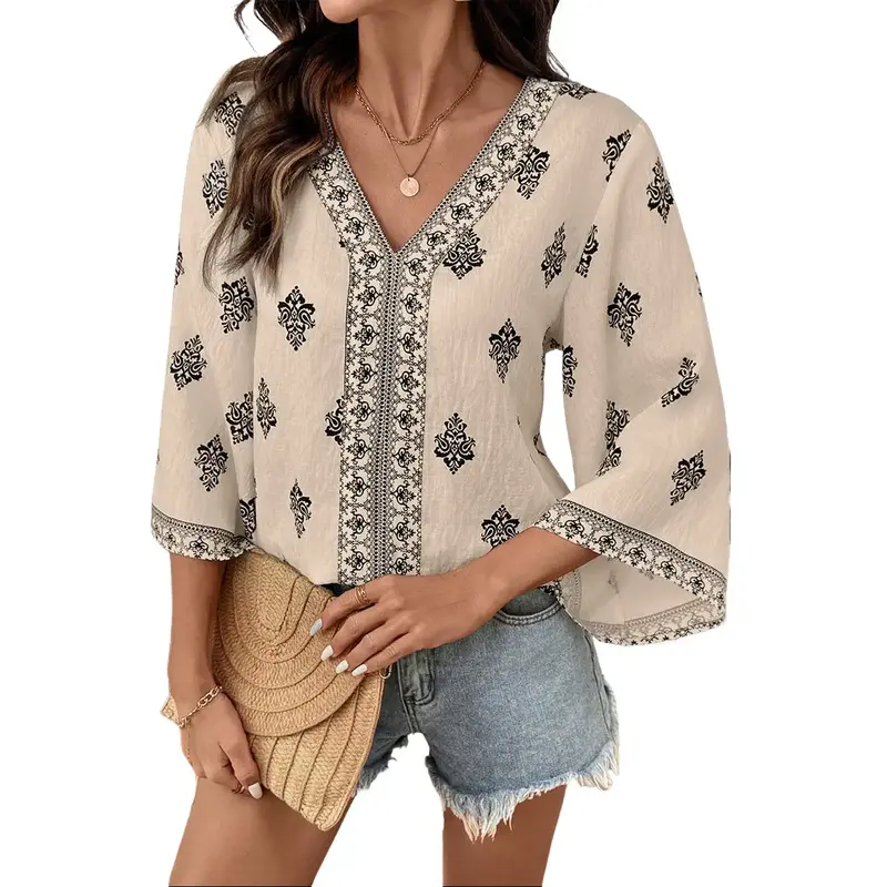 Shewin Women's V-Neck Paisley Border Print Blouse - Essential, Lightweight, Minimalist, Oversized Pullover, 3/4 Flare Sleeves, 91% Viscose 9% Polyamide Fabric - for Everyday Casual, Summer Outfits - Women's Simple Shirts Tops