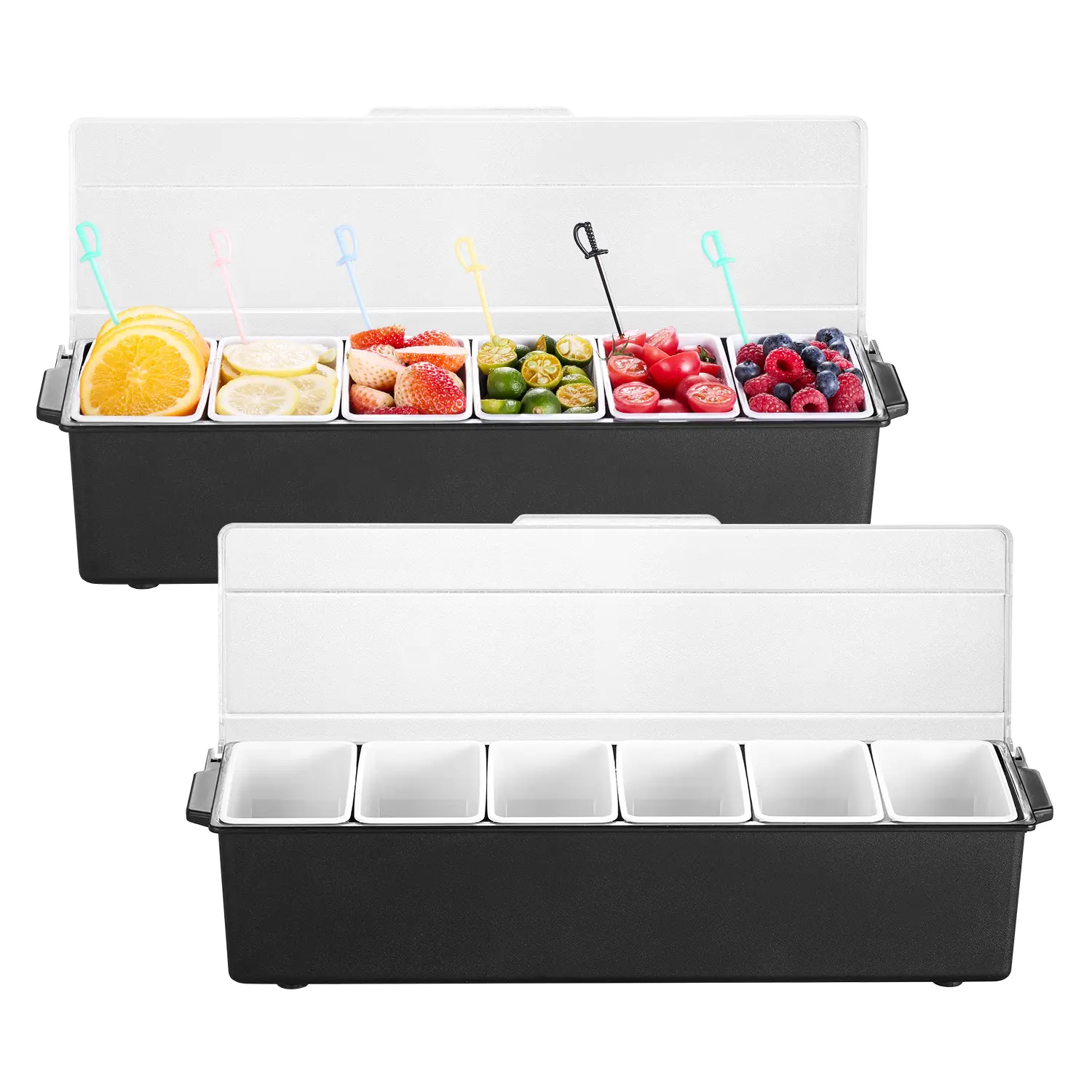 VEVOR Ice Cooled Condiment Serving Container, 6 Compartments Chilled Server, Fruit Veggie Condiment Caddy, Plastic Garnish Station Lid Dispenser Tray, for Bartending & Serving Taco Restaurant Supplies