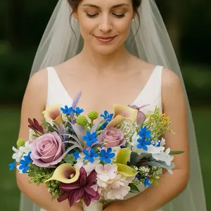 Garden-Inspired Faux Bridal Bouquet – Blue Hydrangeas, Purple Ranunculus & Cream Roses – Whimsical Wedding Flowers