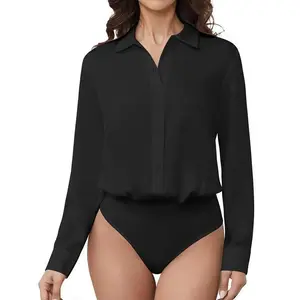 Button Front Long Sleeve Bodysuit,Elegant Solid Color Collared Bodysuit,Women's Clothing Womenswear Tops