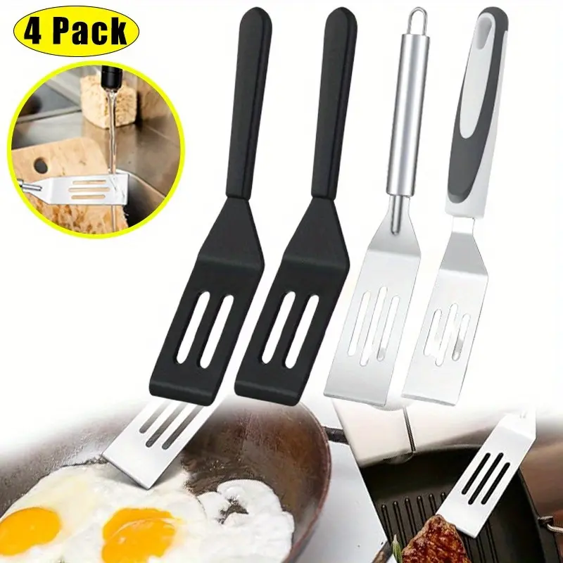 summerwins 4-Piece Mini Brownies Serving Spatula Utensil Set - Stainless Steel & Silicone Nonstick Slotted Spatula for Kitchen Dessert Cutting, Serving, Small Frying Pan Use