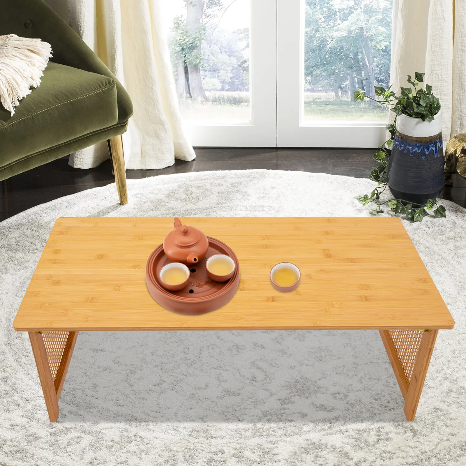 Foldable Bamboo Plastic Free Standing Rectangle Coffee Table - 100*48*35cm, 70kg Load Capacity, Space Saving Multi-Purpose Indoor Furniture for Bedrooms, Office