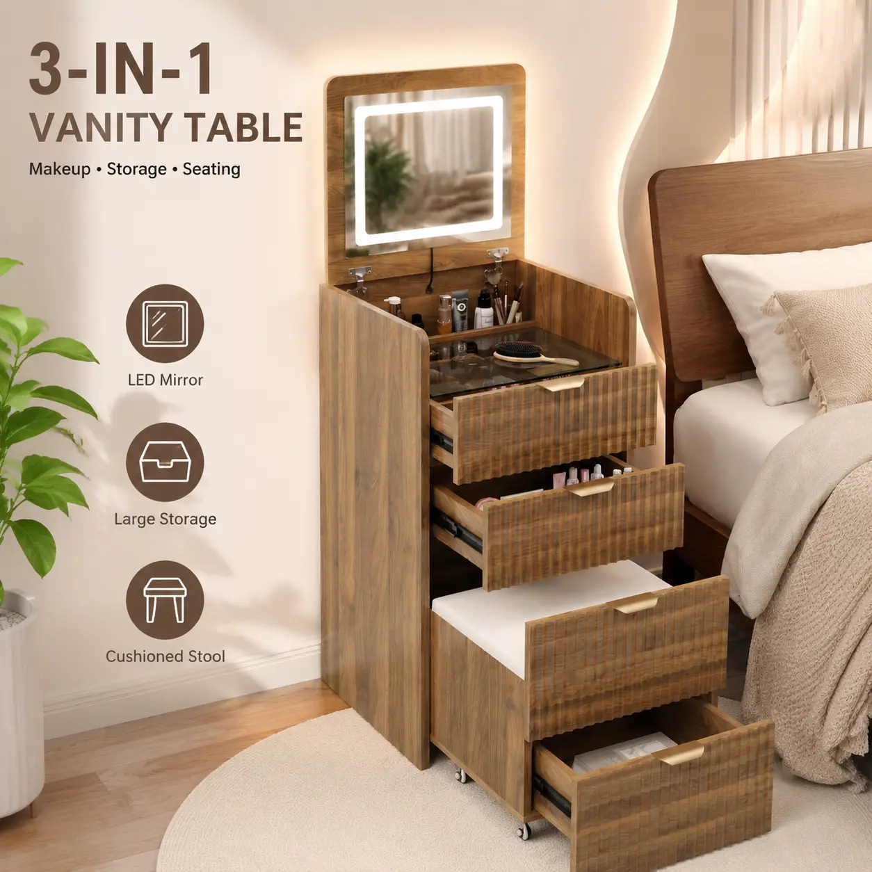 littleox 3 in 1 Vanity Desk with 3 Drawers and Rolling Stool, Compact Vanity with Flip Top Mirror and Lights, Modern Small Makeup Vanity Table with Charging (Walnut Color)