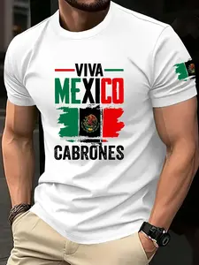Slim Fit T-Shirt with Mexican Flag Sleeve Accent & 'VIVA MEXICO' Text Print | Durable Stretch Fabric | Versatile Short Sleeve Tee for Street Style, Casual Hangouts & One Outfit Multiple Occasions