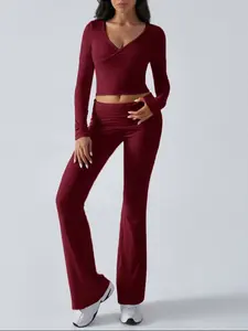 Women's High Waist Yoga Fitness Set, Sporty Top & Flare Tight Pants, Stretch Polyester Blend Fabric, Ideal for Running & Training, Workout Sets, Gym Outfits, Yoga Clothes Set