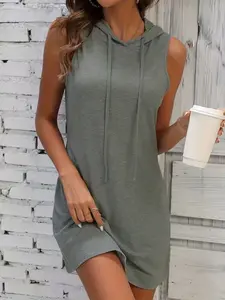 Women's Solid Adjustable Drawstring Hooded Tank Dress, Casual Style Plus Size Sleeveless Short Dress for Spring & Fall, Women's Clothes for Daily Wear, Casual Dresses