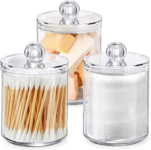 Clear Cotton Swab Holder Dispenser Set — 10oz Plastic Apothecary Jars for Cotton Balls, Round Pads, Floss Picks & More | Bathroom Canister Storage, Vanity Makeup Organizer Containers (Set of 2)