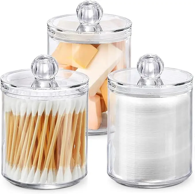 Clear Cotton Swab Holder Dispenser Set — 10oz Plastic Apothecary Jars for Cotton Balls, Round Pads, Floss Picks & More | Bathroom Canister Storage, Vanity Makeup Organizer Containers (Set of 2)
