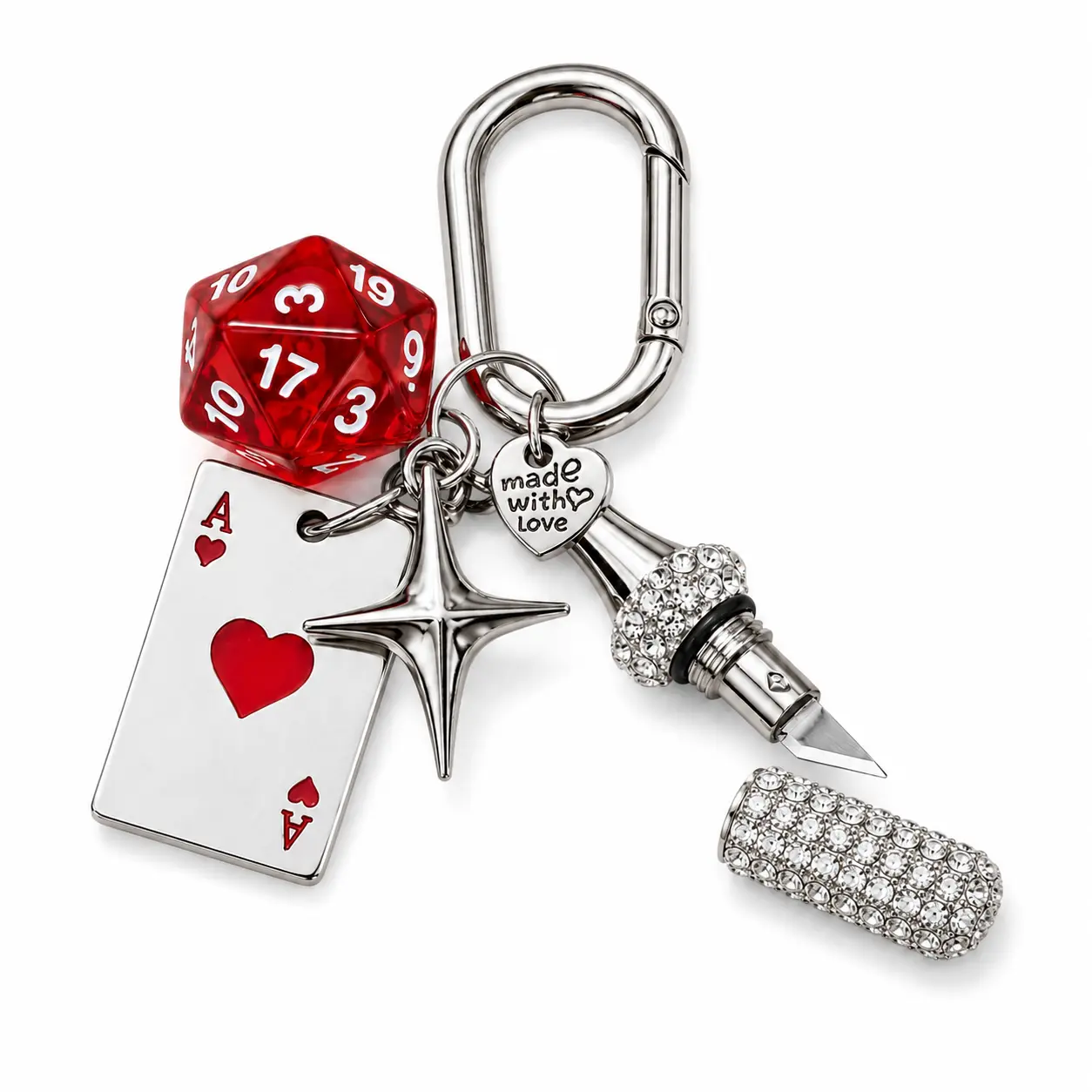 Unique D20 Carabiner Keychain with Secret Parcel Opener - "Lucky in Love" EDC Mini Tool Gift Set, Hidden Micro Box Cutter & Bag Charm for Gamers