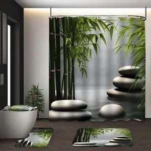LVRLVR 4Pcs Zen Bamboo & Stacked Spa Stones Print Calming Nature Green & Grey Multi-Color Shower Curtain Set 70.8×70.8 Inch