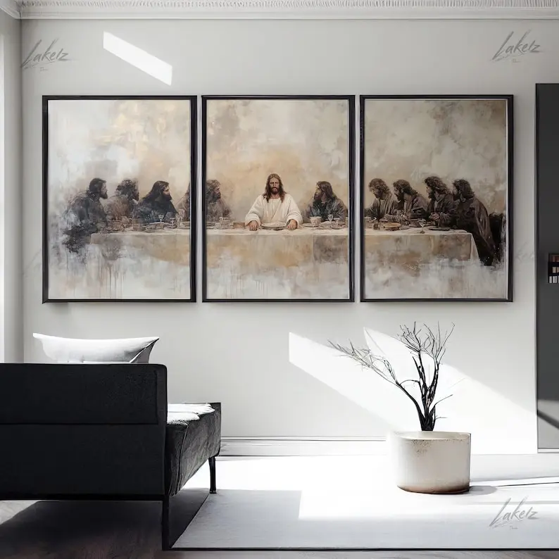 3-Piece Unframed Glossy Paper Leonardo Da Vinci The Last Supper Oil Painting Prints - Artistic Jesus Scene Christian Renaissance Art, House Decor for Living Room, Jesus Faith LDS Bible Festival Gift, Multi-Size Option