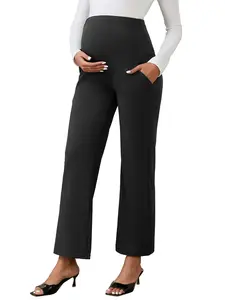 INSPIRE CHIC Women's Maternity Palazzo Pants Over the Belly Wide Leg High Waisted Pregnant Work Pants Black