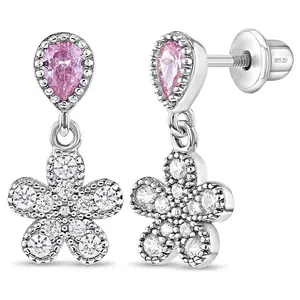 Groovy CZ Flower Dangle Kids / Children's / Girls Earrings Screw Back - Sterling Silver